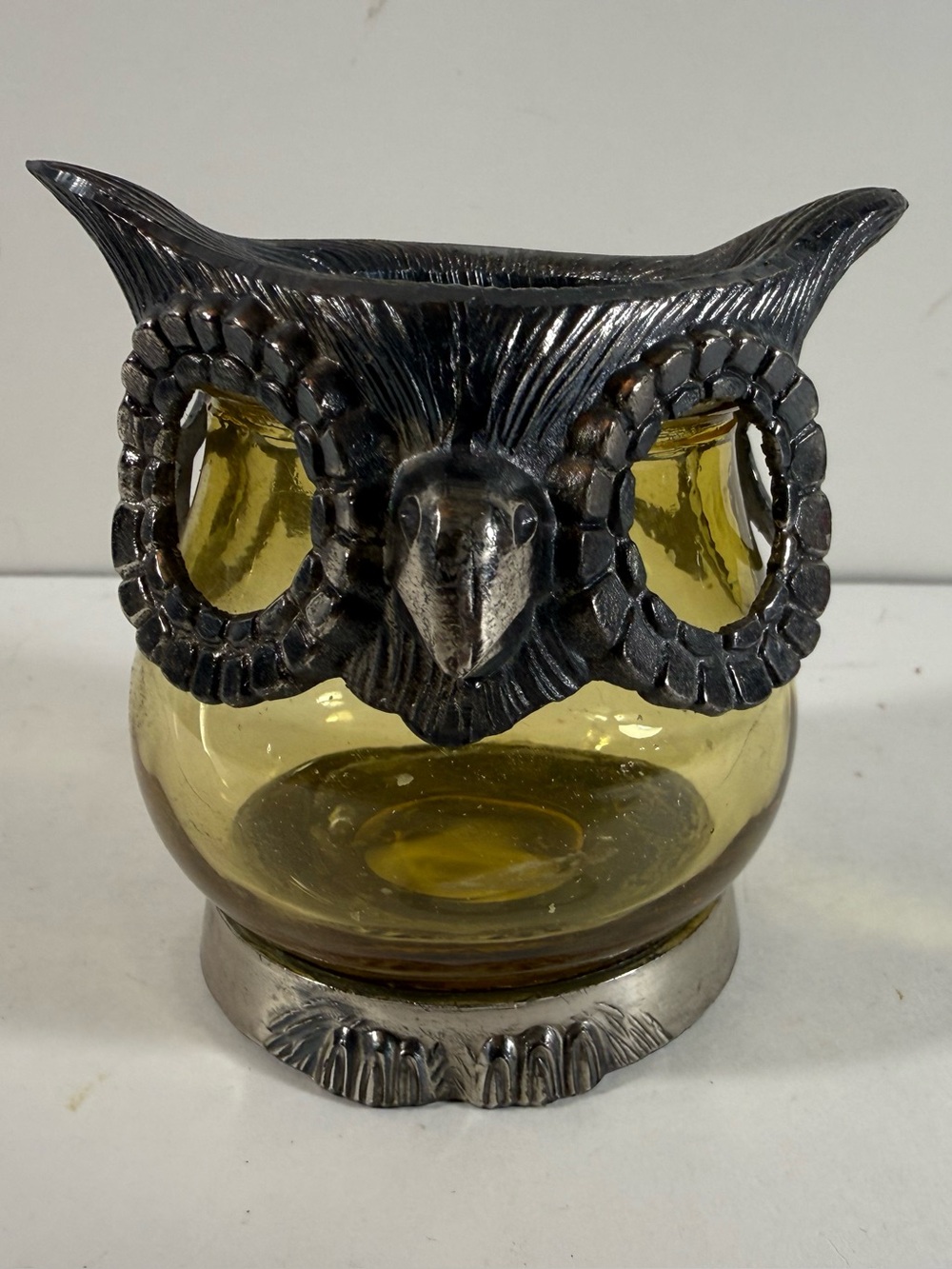 Vintage Pewter Owl Glass Votive Holder Glass Fairy Light Yellow Japan